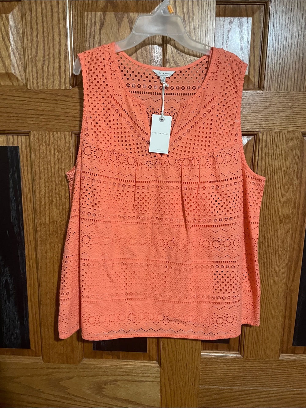 Lucky Brand Sleeveless Eyelet Crochet Shell Top with Tank - Coral